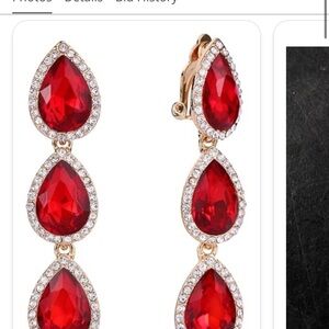 Elegant Clip Red Teardrop Earrings with Gold Accents